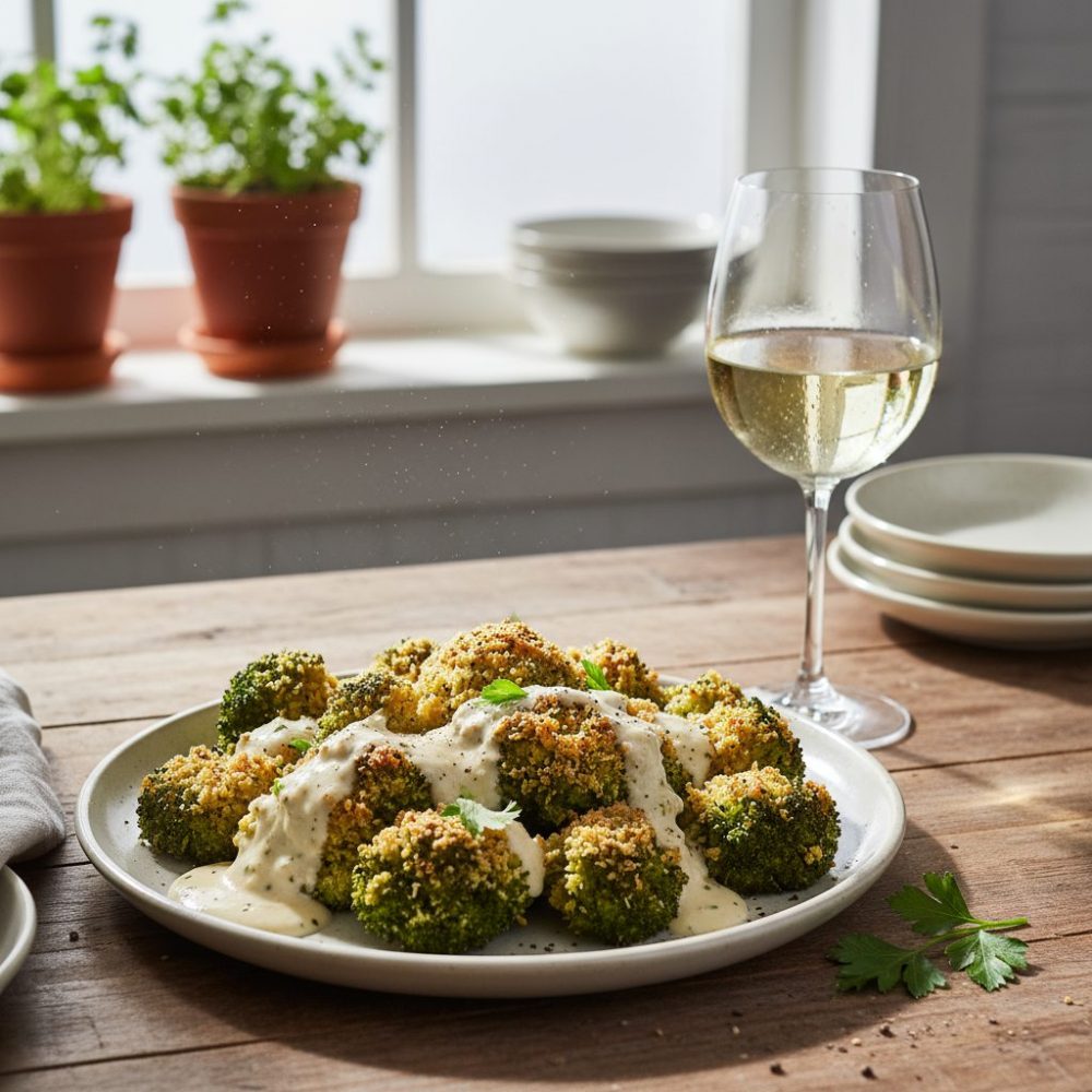 Brocoli en croûte grillé au four et sa sauce au vin blanc