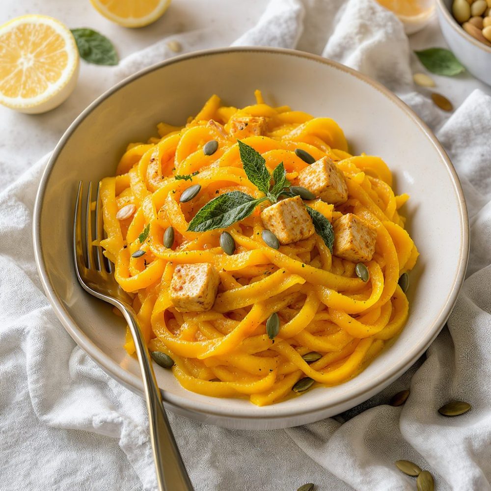 Pâtes crémeuses à la courge, hyperprotéinées (Vegan)