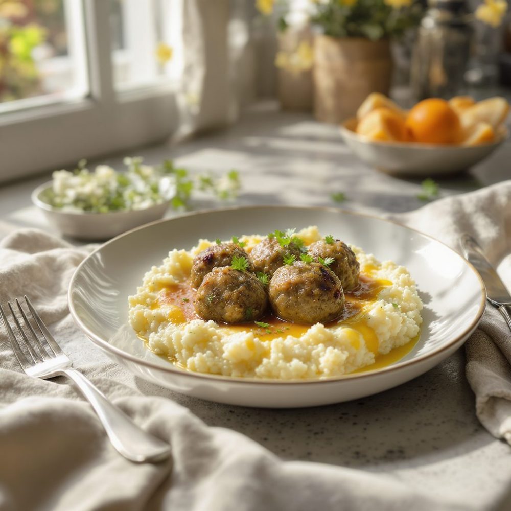 Boulettes de viande suédoises saines avec une purée de chou-fleur onctueuse